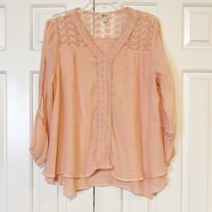 Macy's Style & Co Pale Pink Boho Lace V-neck Long Sleeve Peasant Blouse. Large